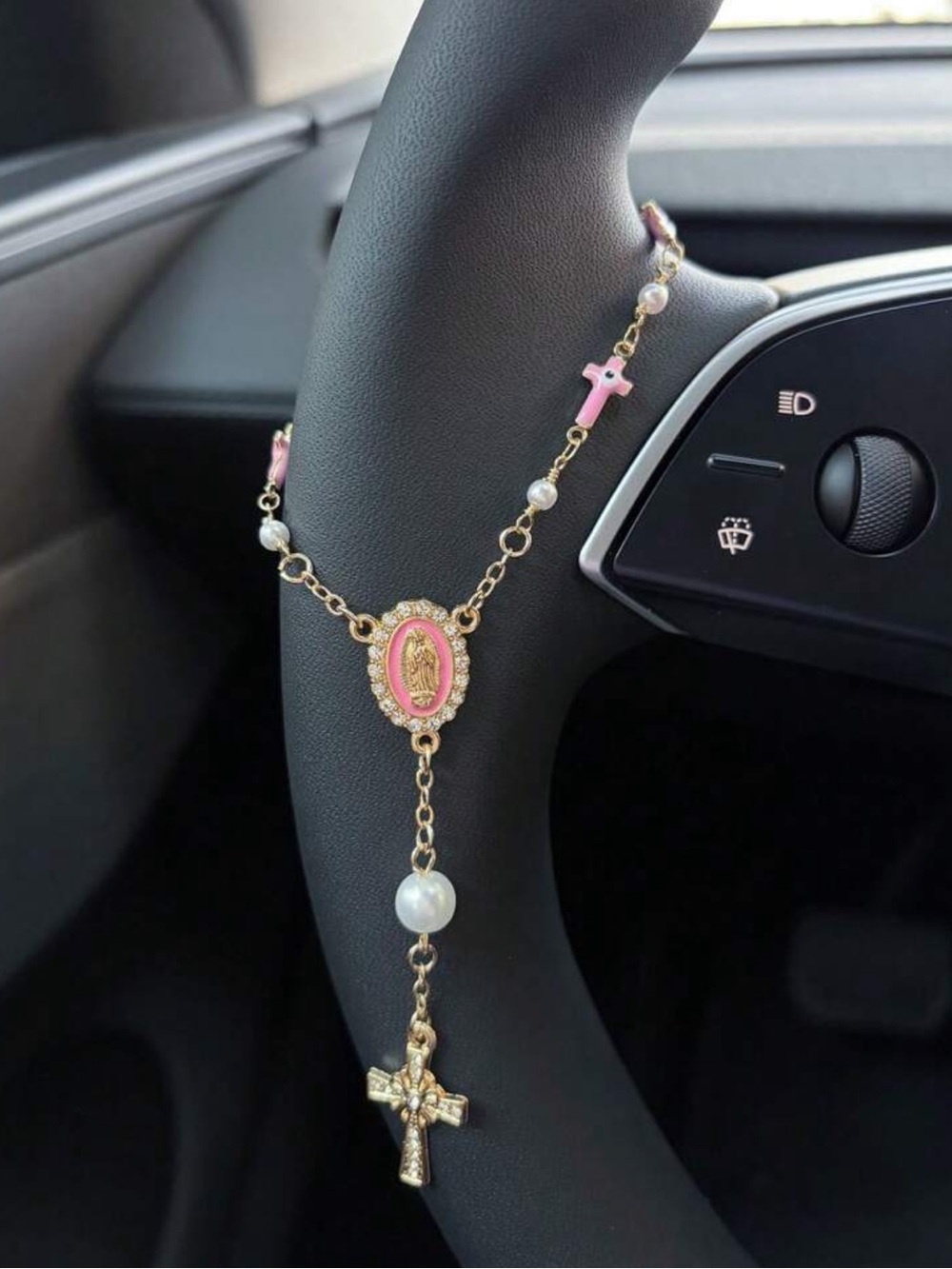 1pc Pink Pearl Cross Steering Wheel Rosary Ornament, Rosary Car Pendant Accessor